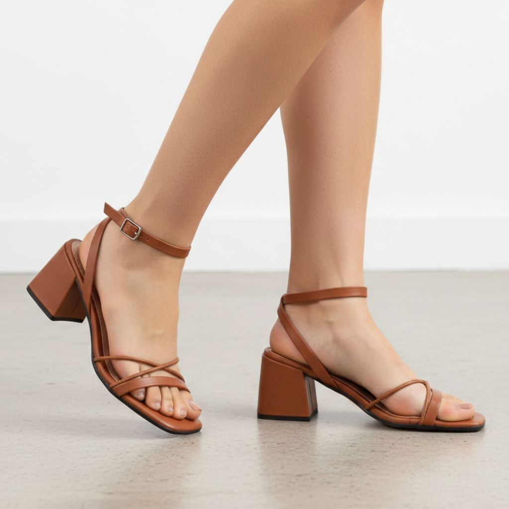 Sandália Feminina Salto Médio Grosso 7CM Marrom Bico Quadrado Confortável Elegante Fivela Trabalho