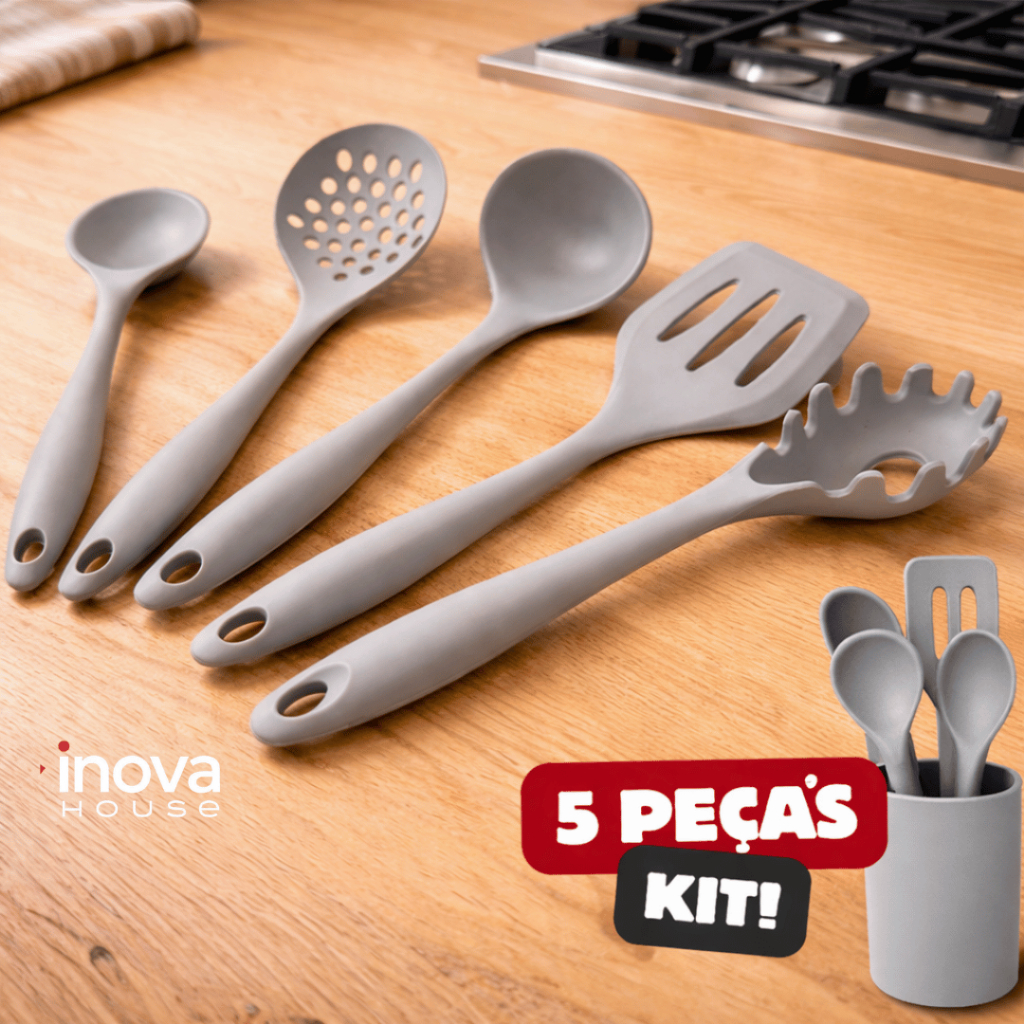 Kit 5 Utensílios para Cozinha de Silicone Escumadeira Concha Espátula Colher de Arroz Pegador em Oferta na Shopee