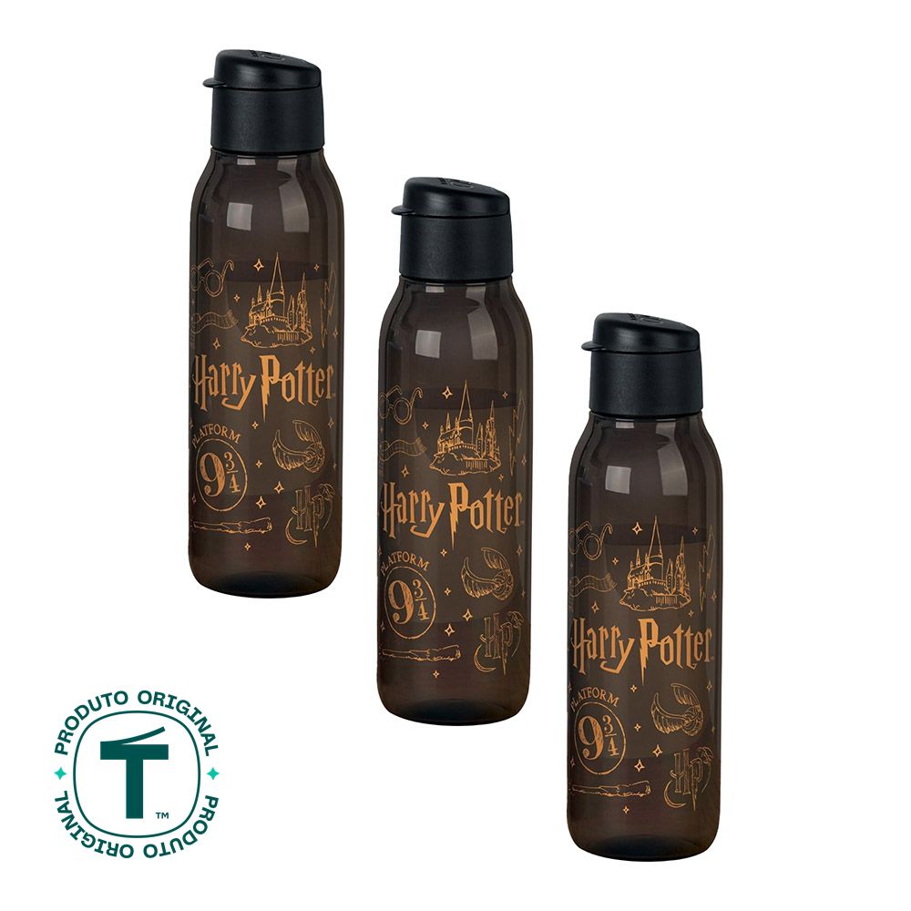 Kit 3 Garrafas de Água Tupperware Eco Tupper Redonda Plus Harry Potter Preto 750ml