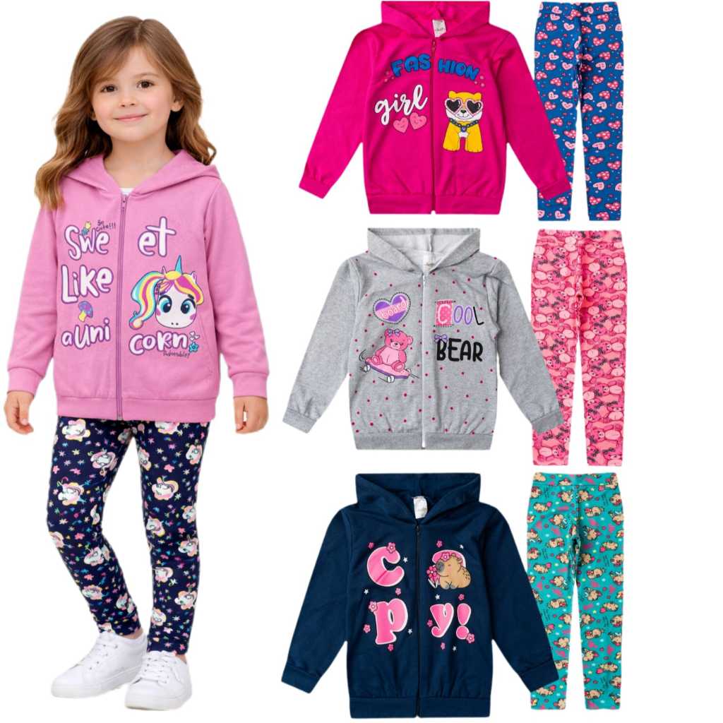 Kit 4 Peças Infantil 2 Casacos de Moletom e 2 Legging Suplex Infantil