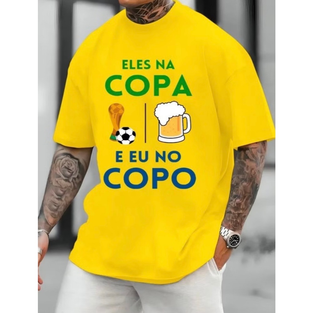 Camiseta Brasil Eu No Copo Estampada | T-Shirt 100% Algodão Premium Copa do Mundo Meme Torcedor Hexa Confortável Unissex