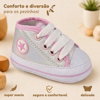 Sapatinho Bebê Menina Holográfico Rosa Tênis Infantil em Lona Aquarela Baby Confortável Antiderrapante em Oferta na Shopee