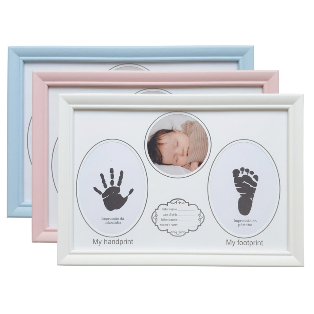 Quadro Porta Retrato Redondo Infantil Bebê Com Kit Tinteiro e Molde Mão e Pé Decoração
