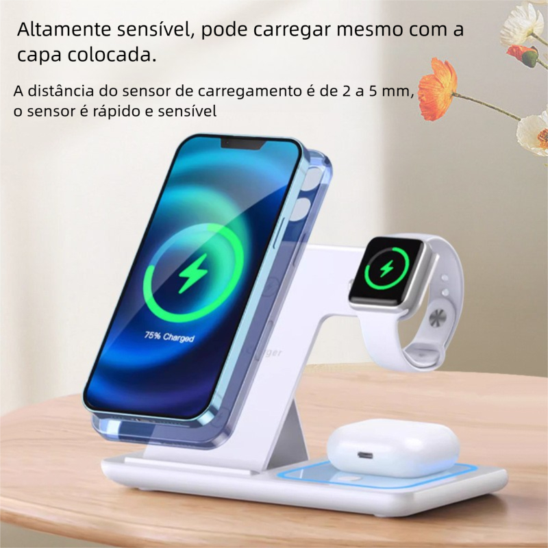 Carregador sem fio 3 em 1 com ímã Magsafe, compatível com celulares, relógios e