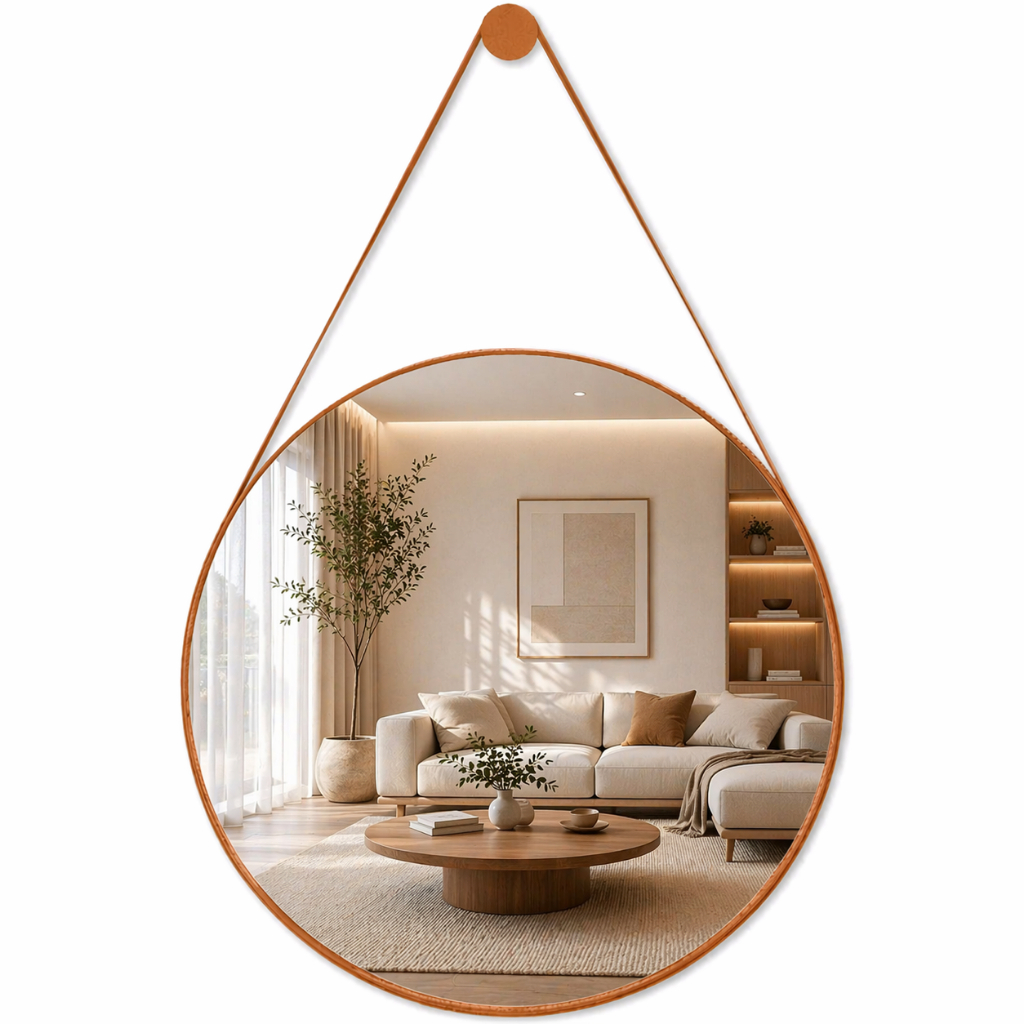 Espelho Adnet Com Alça Couro Redondo Decorativo Várias Tamanhos + Suporte