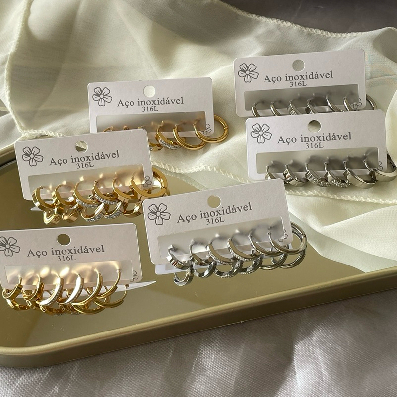 BLOSSOM Conjunto de três peças de brincos de diamante I Brincos não desbotados de aço inoxidável Brincos combinados