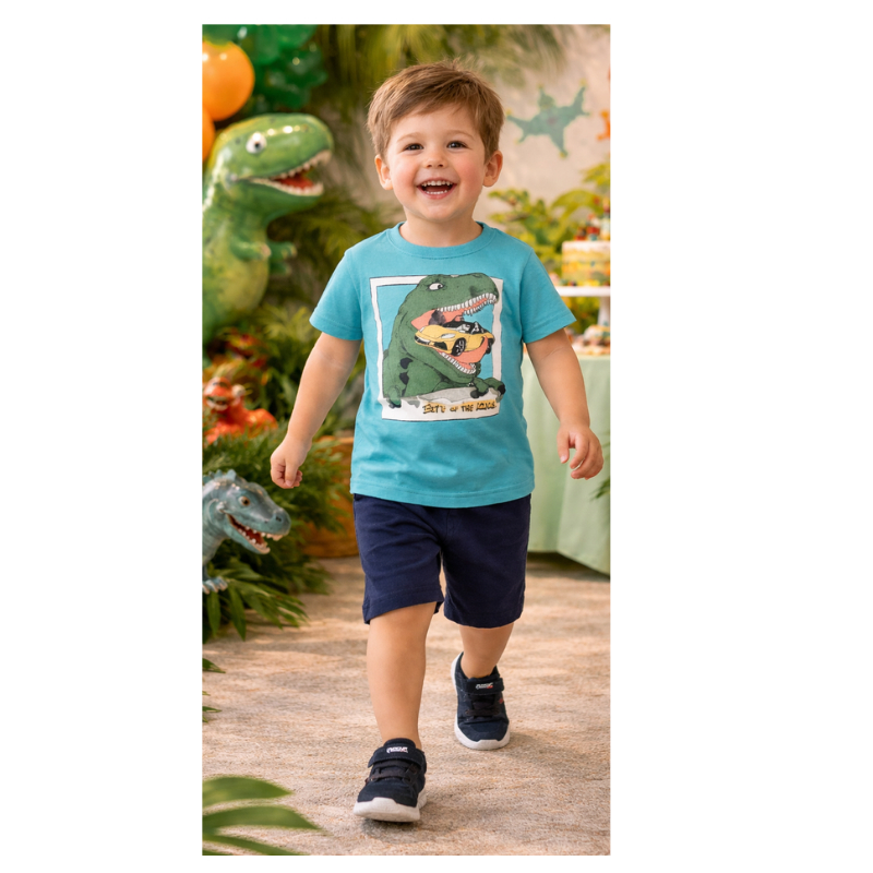 conjunto infantil menino camiseta bermuda dinossauro interativo várias cores tamanhos 2 e 3 anos