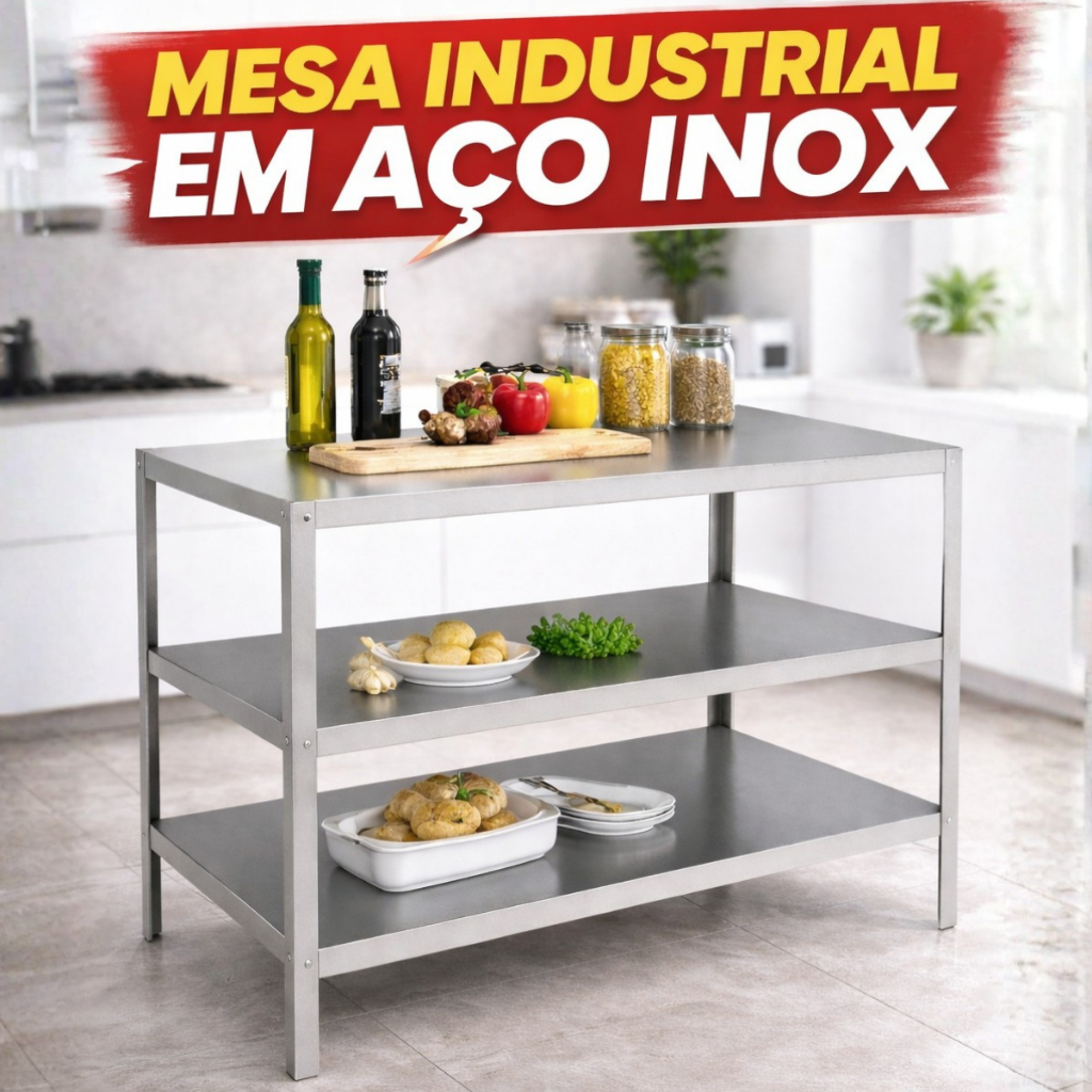 Mesa Aço Inox Industrial Reforçada Com Tampo Reforçado Prateleira Restaurantes PetShop