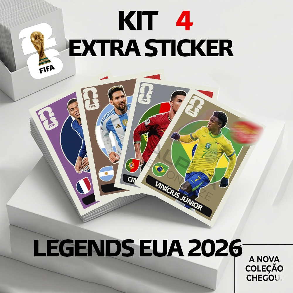 Kit Figurinha Legends Extra Sticker Vini Junior Cristiano Ronaldo Mbappe Messi Copa do Mundo 2026