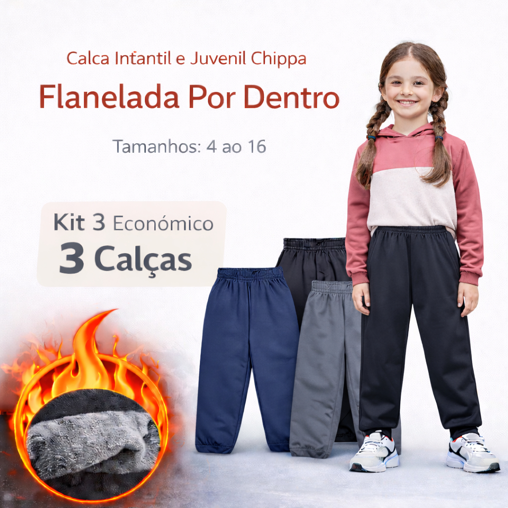 Kit 3 Calças Jogger Infantil e Juvenil Feminina Flanelada 4 ao 16
