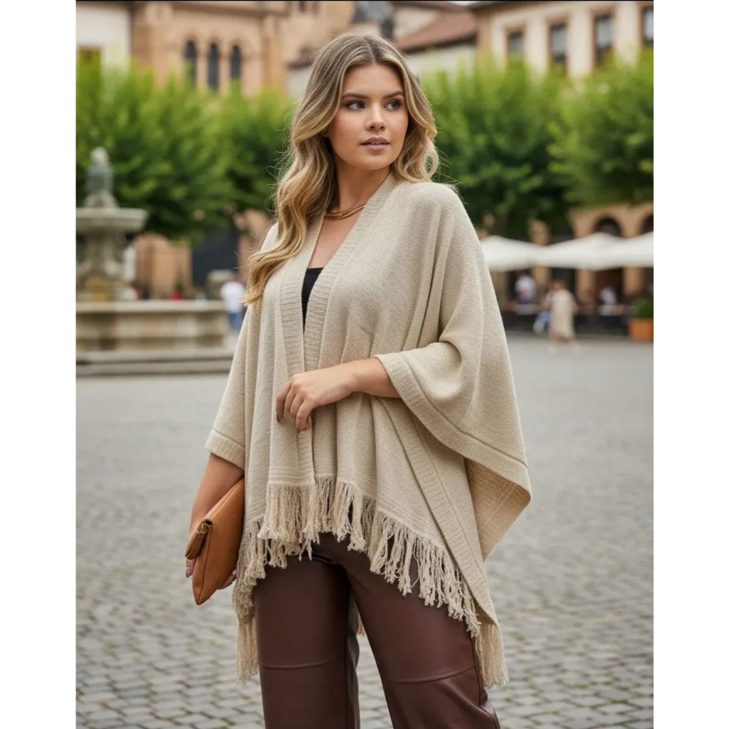 Casaco Poncho Boho Chic Quimono Capa Feminino Trico Mouse Macio Liso Franja Atemporal Kaftan de frio