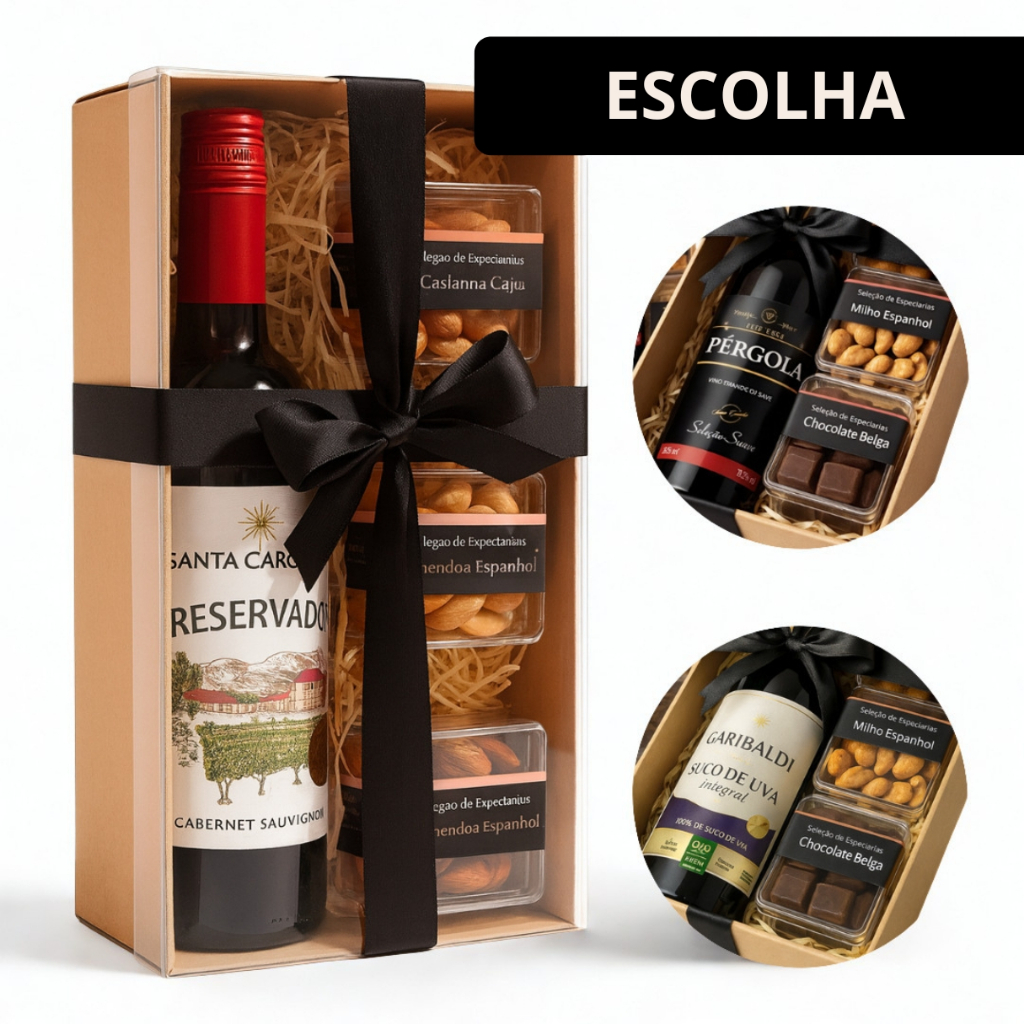Kit Vinho ou Suco de Uva Tinto com Aperitivos Selecionados. Escolha o Vinho ou Suco - Presente para Todas as Ocasiões