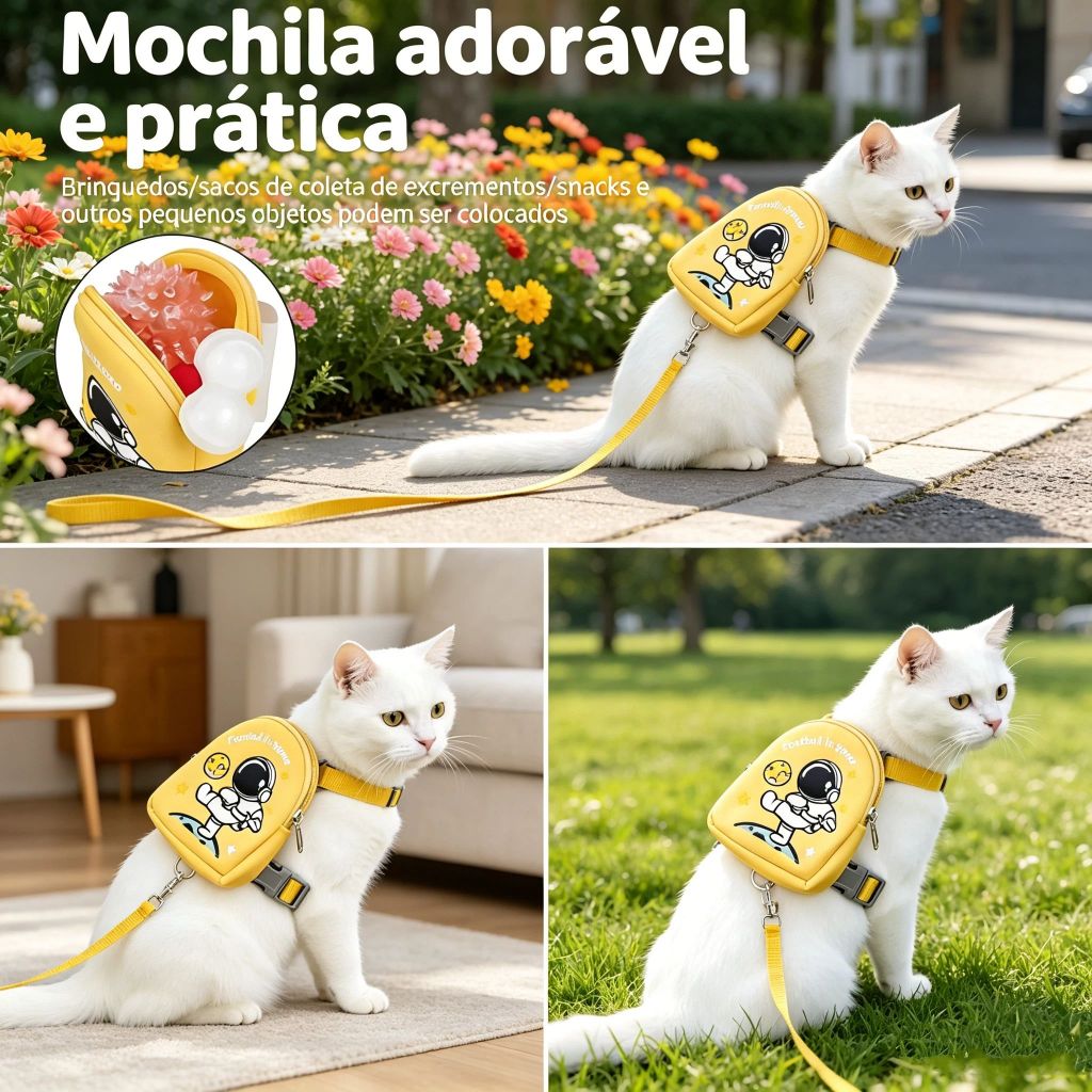 Coleira Peitoral Com Mochila Para Cachorro Gato Ajustável Guia Inclusa Bolso Snacks Brinquedos Saco de Cocô Passeio Viag