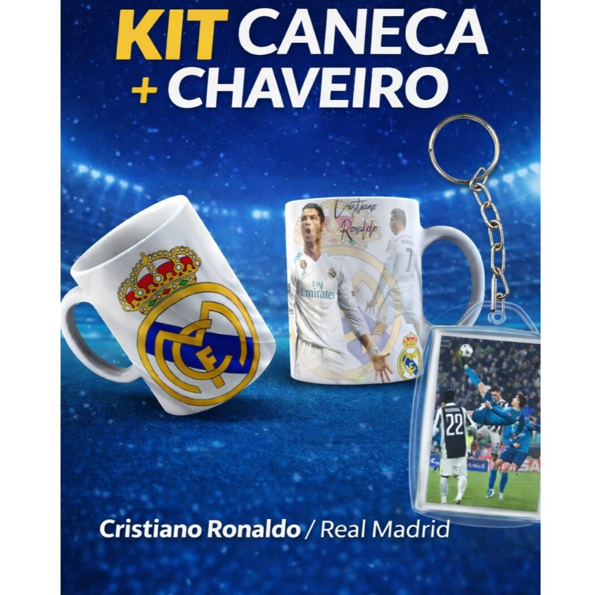 Kit para presentear Fã de Futebol - Caneca + Chaveiro do Cristiano Ronaldo