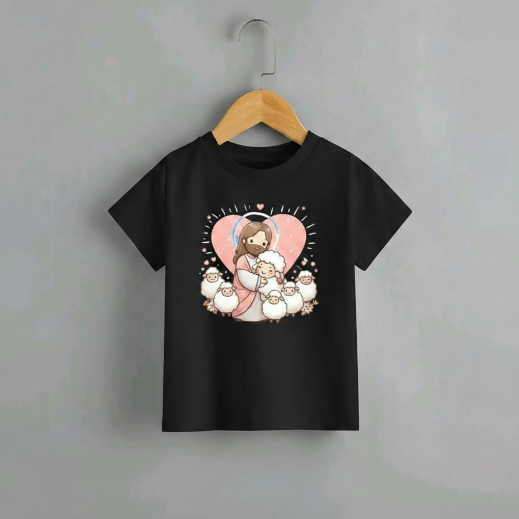 Detalhes do T-shirt Infantil Menina Jesus e Ovelhinhas Cristã Algodão Várias Cores Camiseta Religiosa Kids Blusa