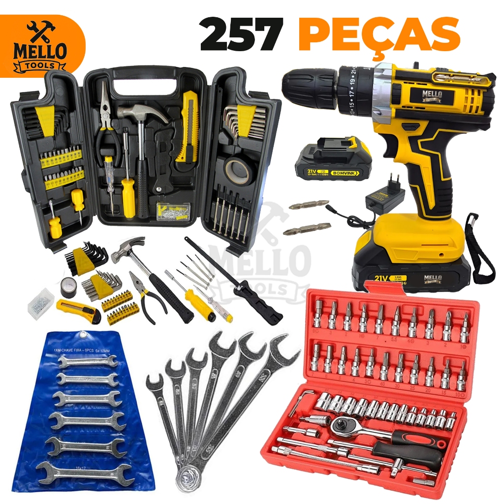 Jogo Kit Ferramentas 257 Peças com Parafusadeira/Furadeira 21V Sem Fio + Jogo de Soquete e Jogo de chave Fixa