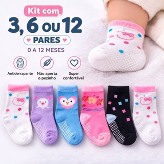Kit Meia Bebê Infantil Menina 3, 6 ou 12 Pares Macia Confortável Antiderrapante Estampas Sortidas em Oferta na Shopee