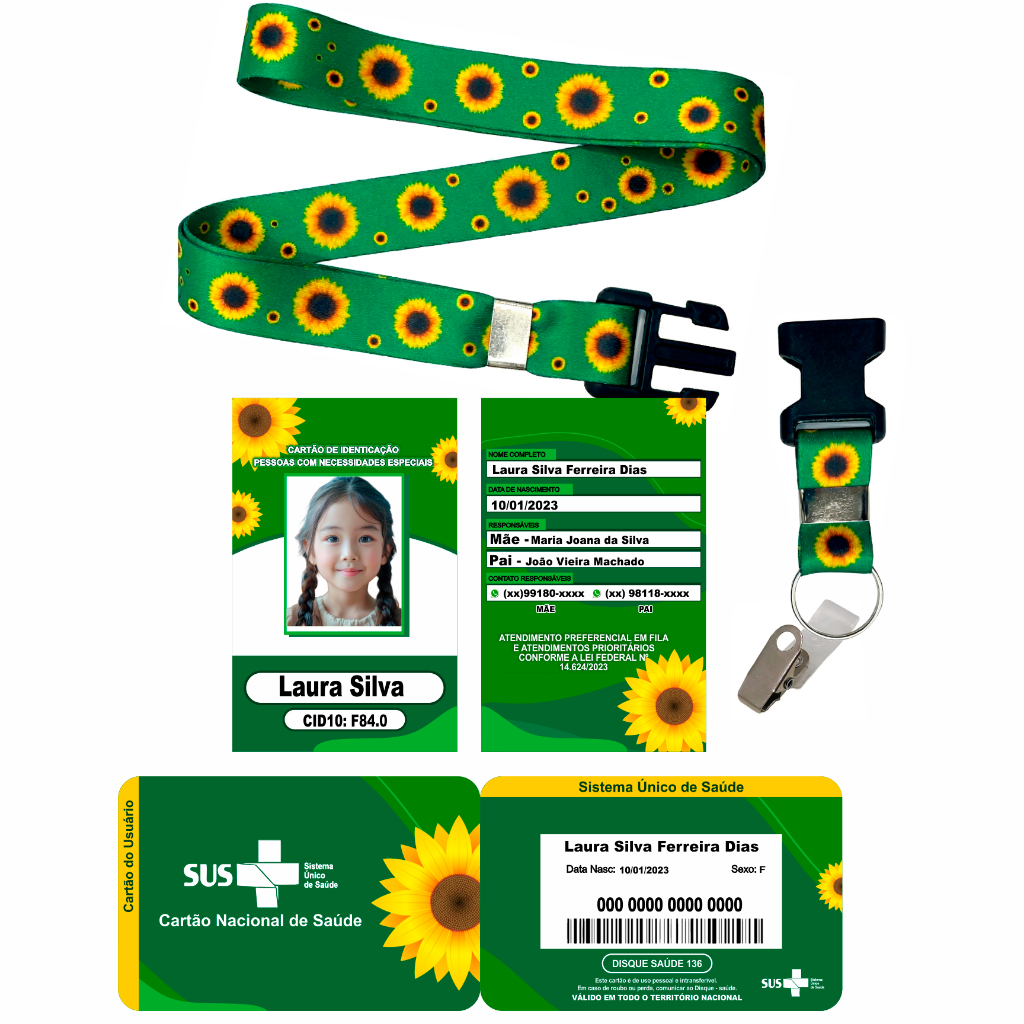 Kit Cordão Crachá e Cartão Sus Girassol  Personalizado Deficiências Ocultas Autismo TDAH (ENTREGA RÁPIDO)