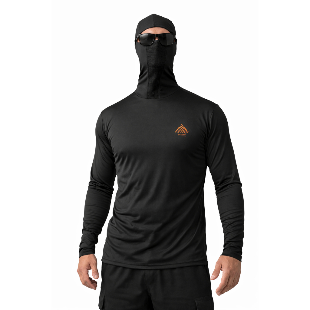Camisa Ninja UV50+ Masculina Preta Pesca Esportes Dry Fit Manga Longa Com Capuz Leve Respirável