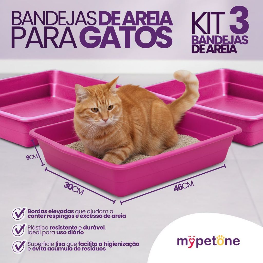 Kit com 3 Bandeja de Areia Higiênica Simples Rosa para Gatos