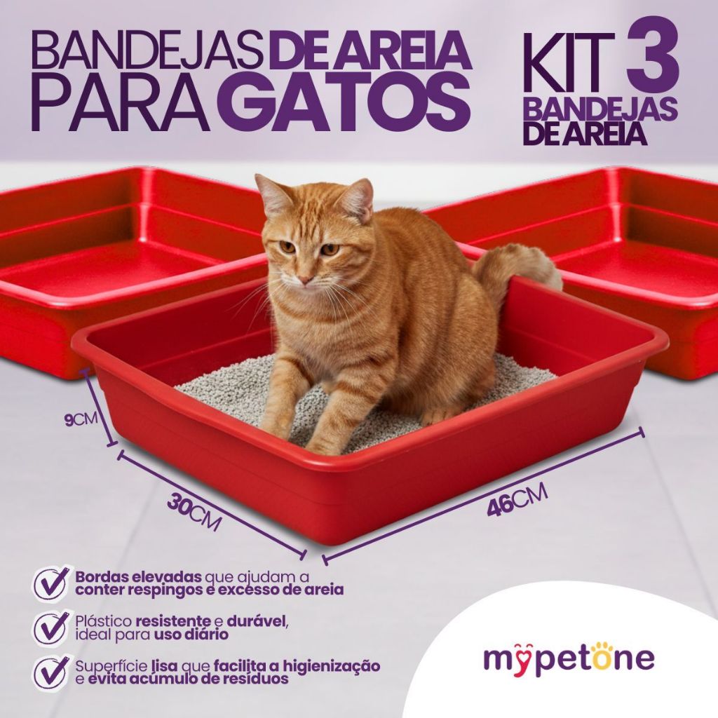 Kit com 3 Bandeja de Areia Higiênica Simples Vermelho para Gatos