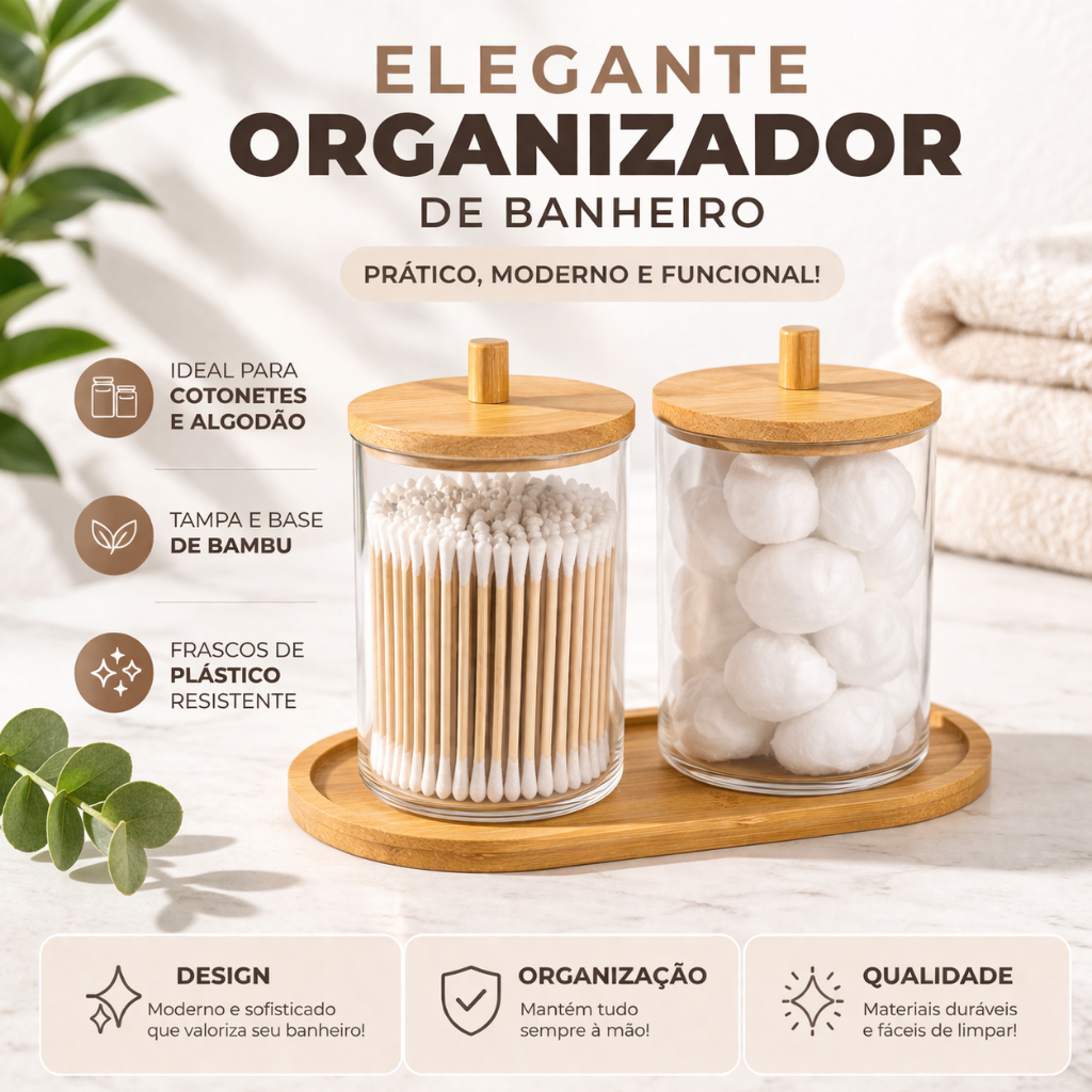 Kit Porta Cotonete Algodão Bambu Lavabo Com Bandeja Organizadores de bancada Acrilico Transparente