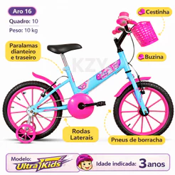 Bicicleta Infantil Ultra Kids T Menina Azul Bebe Rosa Aro 16 Rodinha Cestinha Ultra Bike Feminina