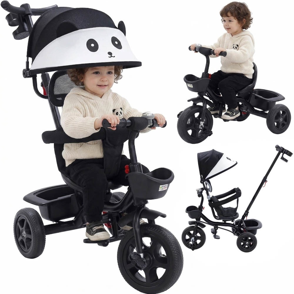 Triciclo Infantil Empurrador 2 em 1 Carrinho de Passeio Bebê Capota 50kg Guia Auxiliar Cesto Rodas