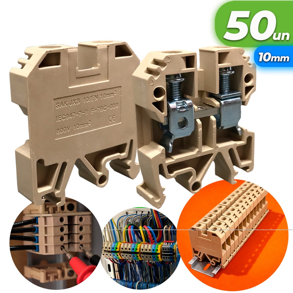 Kit 50x Conector Borne Sak 10mm Bege Conector Borne de Passagem Elétrico Fixação Trilho Din Atacado