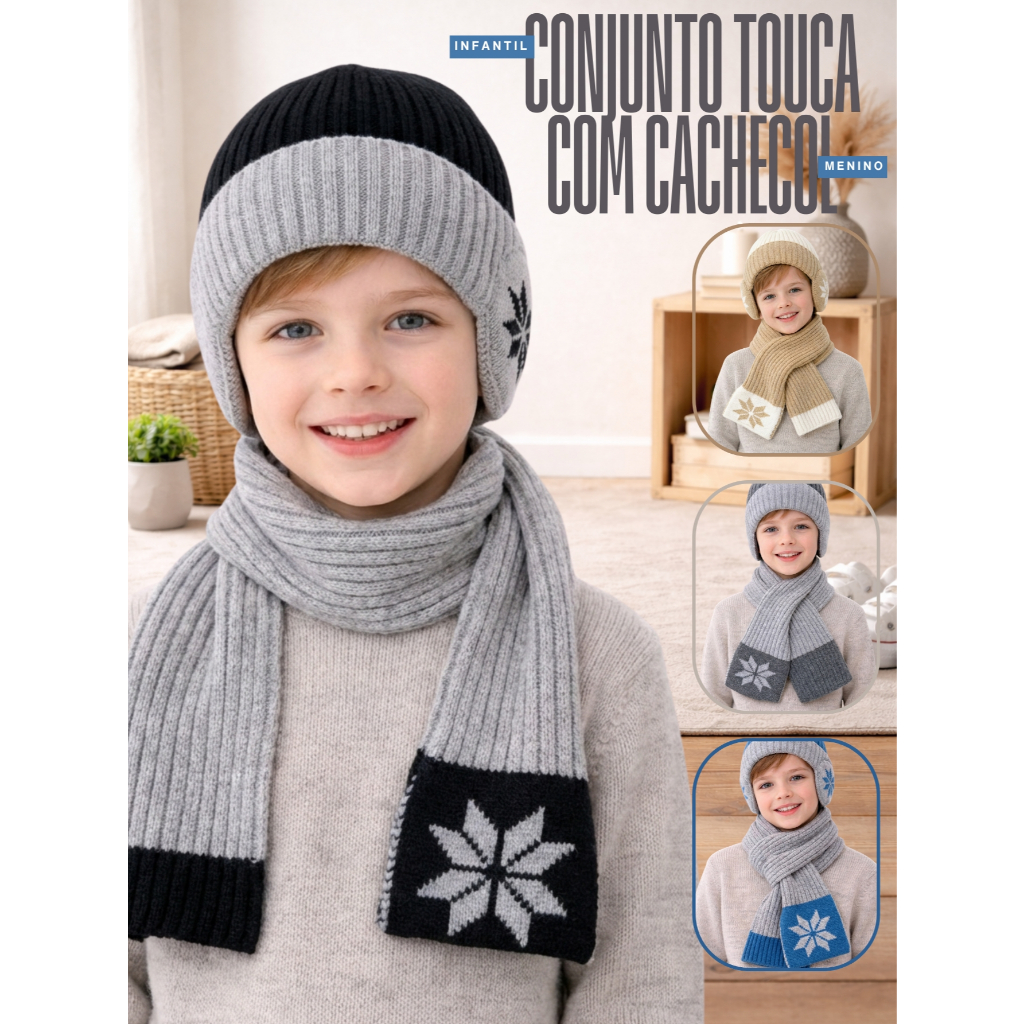 Gorro Infantil Menino Forrado Com Protetor Orelha E Cachecol Lã