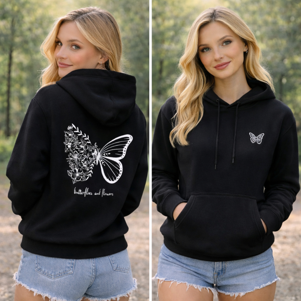 Moletom Feminino Estampa Borboleta Flor Blusa de Frio Look Estilosa Algodão Confortável Tendência