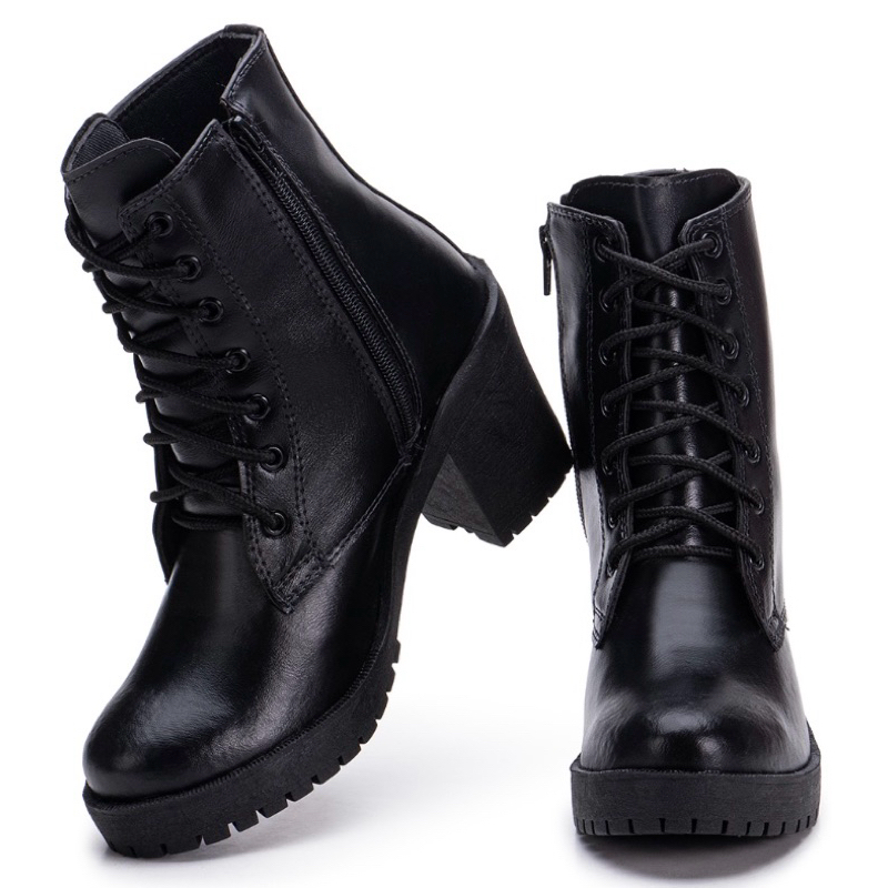 Bota Feminina Bota Salto Grosso Tratorada Confortável Estilosa  Bota de Couro Bloqueira Bota Coturno Feminina