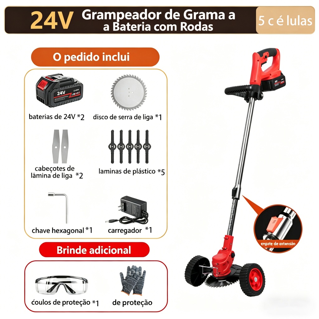 Aparador de Grama Elétrico 24V Sem Fio, 3 em 1 Cortador de Ervas Daninhas a Bateria com 2 Baterias e Carregador