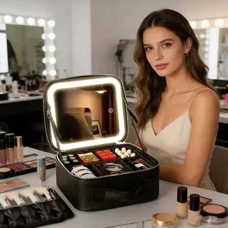 Maleta Estojo Maquiagem Profissional Espelho LED Recarregável, Organizador Portátil Compacto para Casa e Viagem