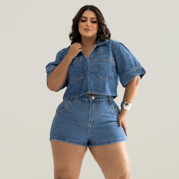 Short Jeans Plus Size Liso Barra Feita e Cropped Conjunto