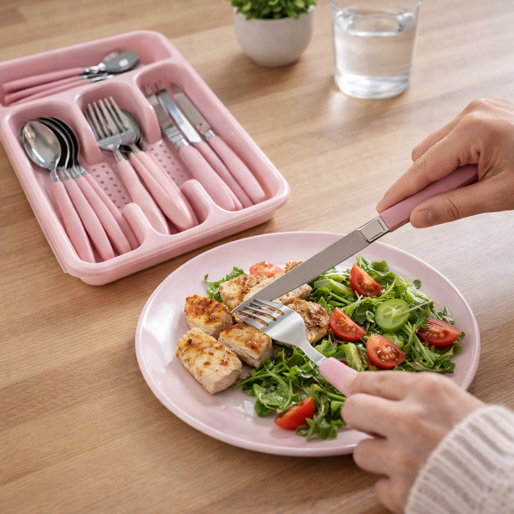 Jogo De Talheres Inox Com 25 Peças Talher Suporte Gaveteiro Faqueiro Cozinha Preto Rosa Vermelho