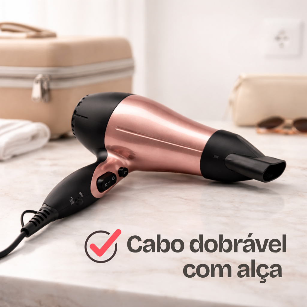 Secador de Cabelo Portátil 1200W Bivolt com Cabo Dobrável e Bocal Concentrador