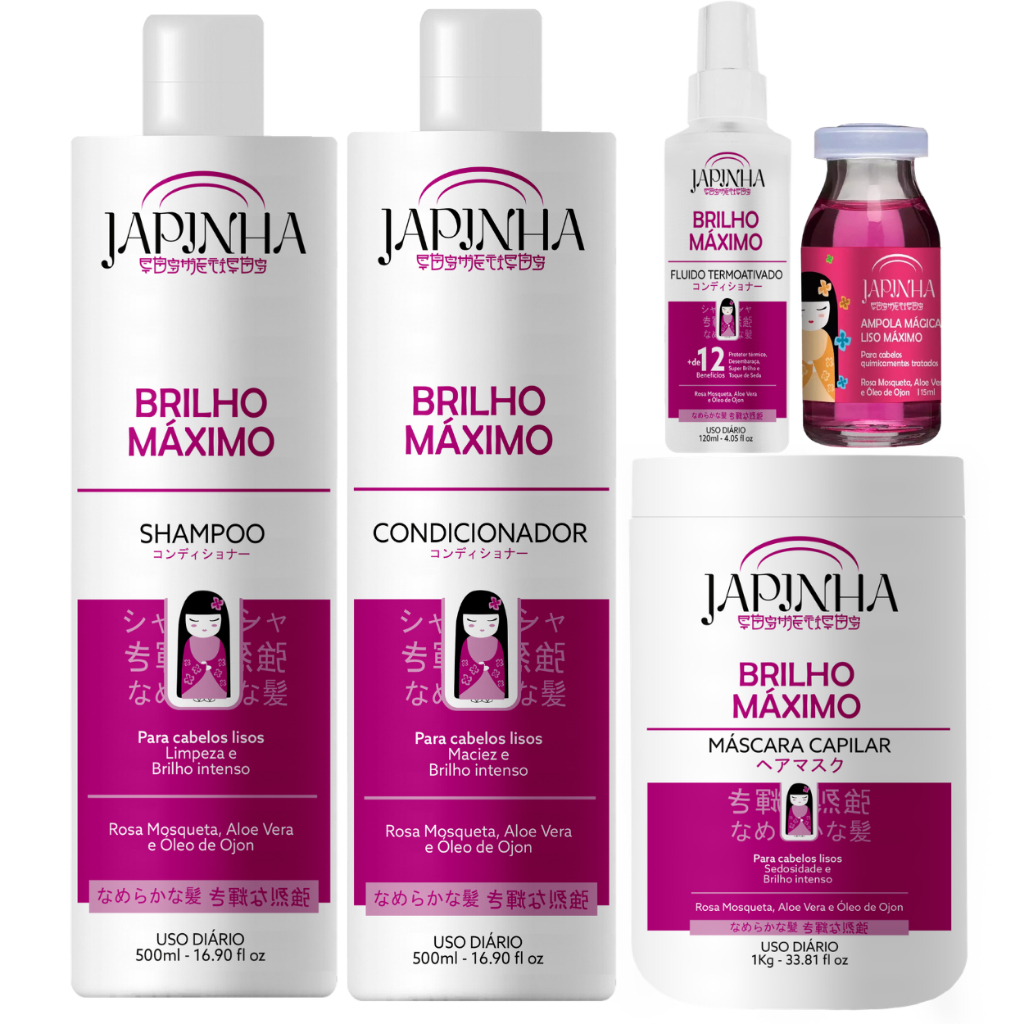 Kit Japinha Brilho Máximo Completo - Shampoo + Cond + Máscara + Protetor Térmico + Ampola Mágica