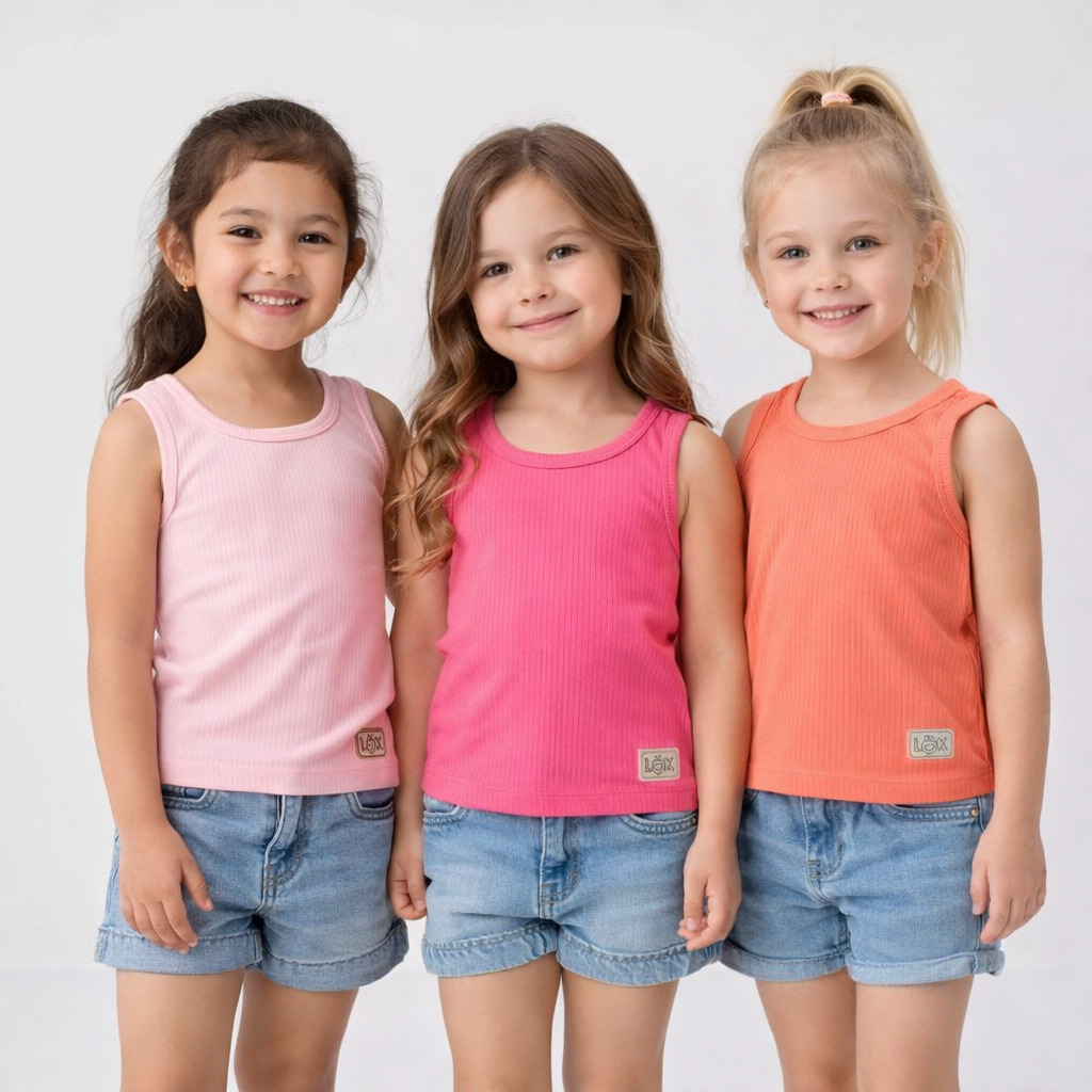 Kit 3 Regatas Feminina Infantil Lisa Canelada Confortável Tamanhos 4 ao 10 Cores Variadas