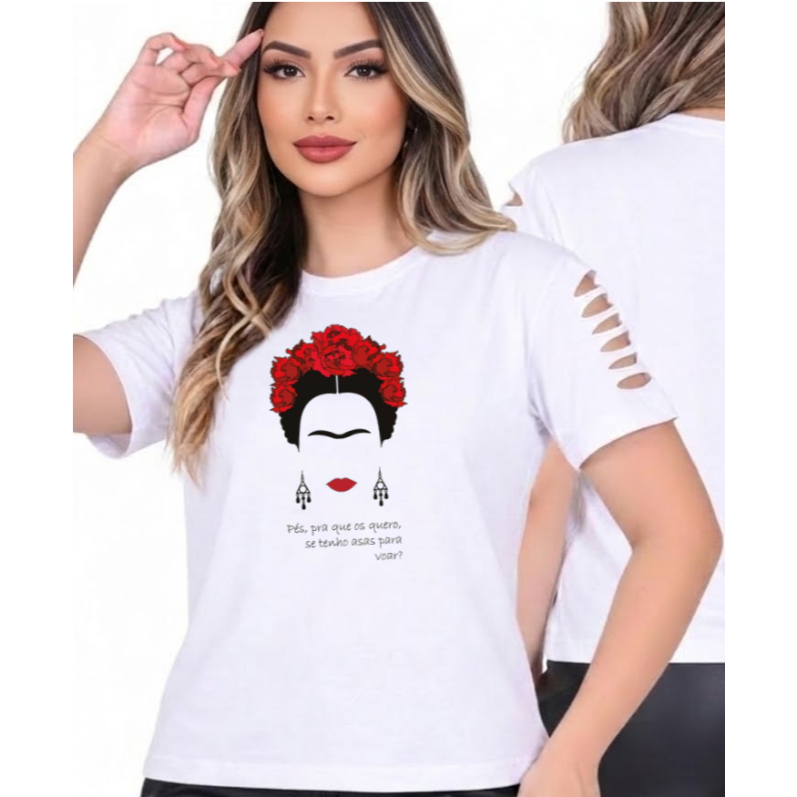 Camiseta Frida Kahlo Frase ,Pés, para que os quero, se tenho asas para voar?