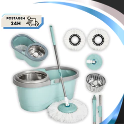 Mop Giratório Duo 360° Com Cesto Inox Duas Águas, Regulável, Desmontável, Prático para Limpeza Rápida Profunda