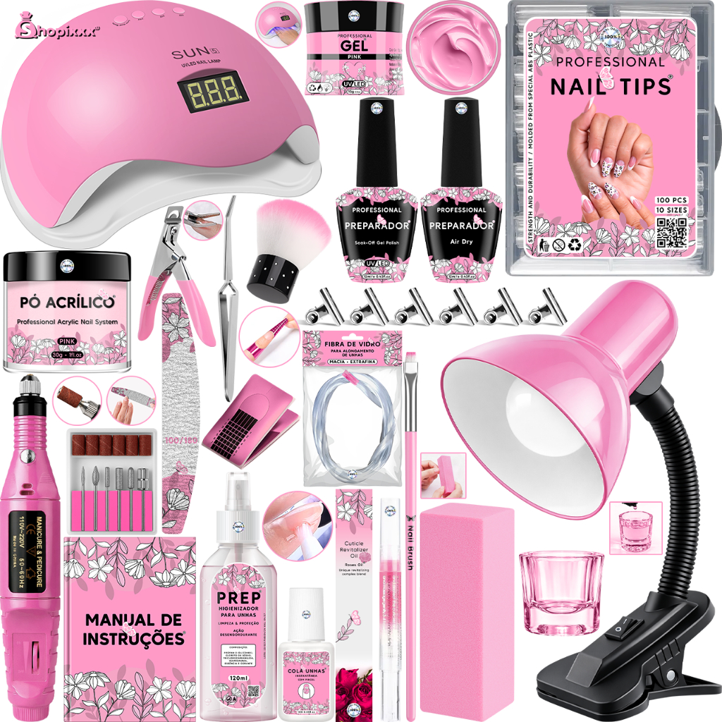 Kit Manicure e Pedicure para Alongamento Extensão Unhas Gel Acrigel Porcelana Cabine Sun 5 48W Lixadeira Elétrica Caneta
