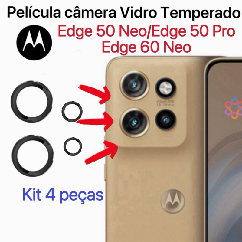 Kit 4 peças Películas De Câmera vidro temperado Motorola Edge 50 Neo/Edge 50 Pro/Edge 60 Neo Protege Lente Anel De Metal