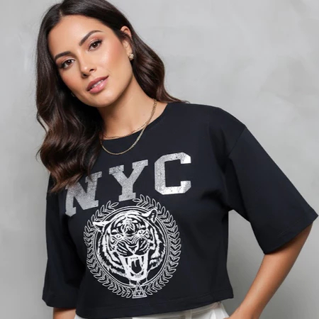 Blusa Cropped Oversized Feminina Estampa NYC TIGRE tecido 100% Algodão estilosa Confortável Tendencia 2026