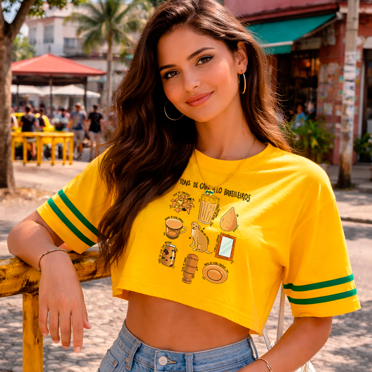 Cropped Feminino Oversized Verde e Amarelo Vintage Tons De Caramelo Brasil Vibe Cão Meme Casual
