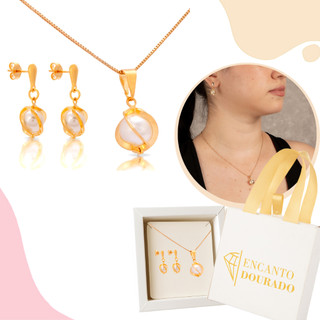 Conjunto Brincos + Colar Corrente Moda Feminina Banhado a Ouro Festa