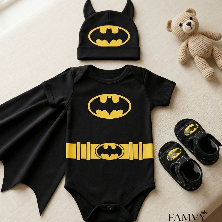Body Bebê Batman Mesversário Fantasia Bebê Menino Preto + Capa + Toca Roupa Bebê  Bory