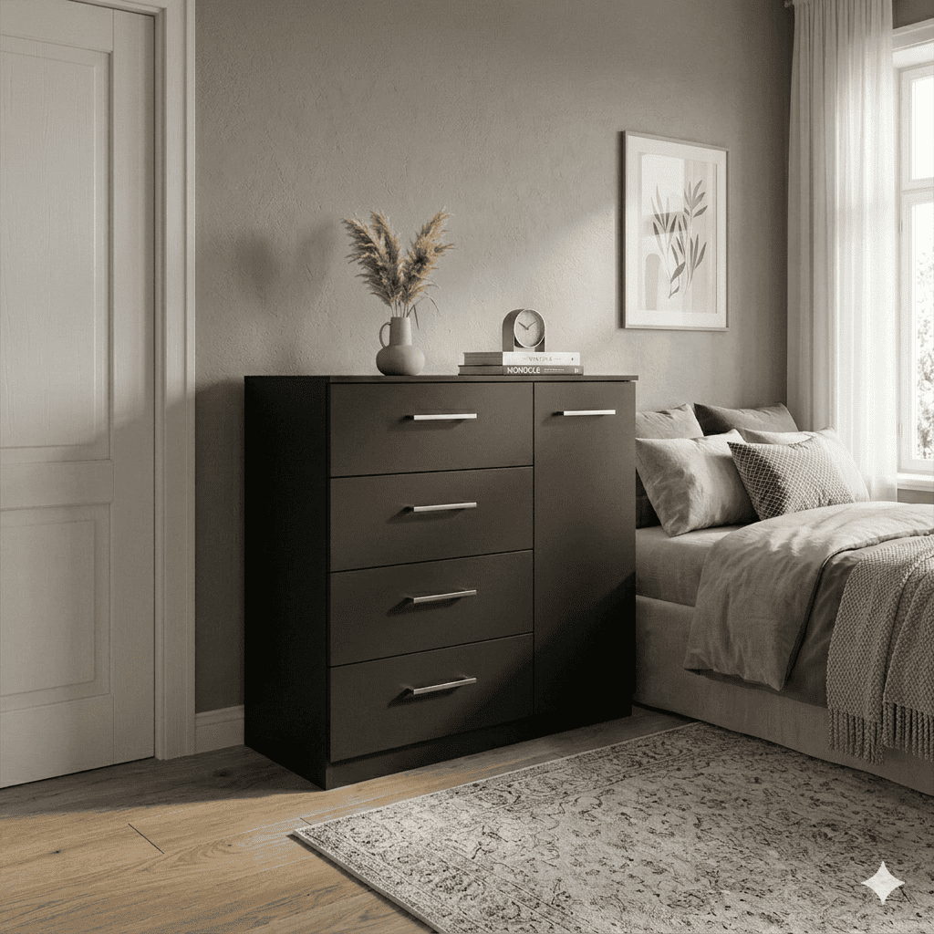 Cômoda de Chão Moderna 4 Gavetas e Vão Lateral para Roupas e Objetos de Decoraçã