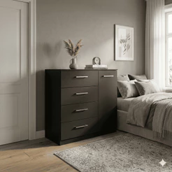 Cômoda de Chão Moderna 4 Gavetas e Vão Lateral para Roupas e Objetos de Decoração Quarto