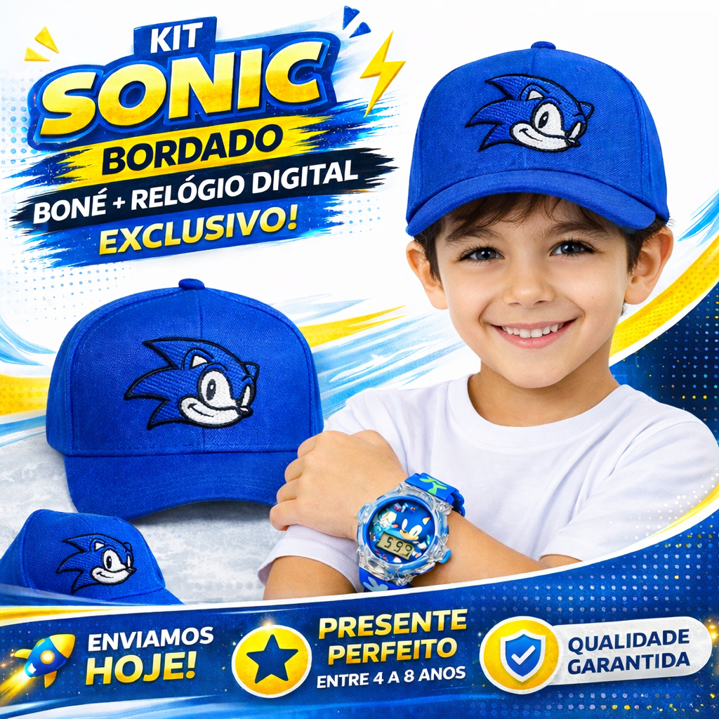 Boné e Relógio Digital Infantil Chapéu Kit Sonic Luz Criança Menino Menina Esportivo Brinquedo toca Música